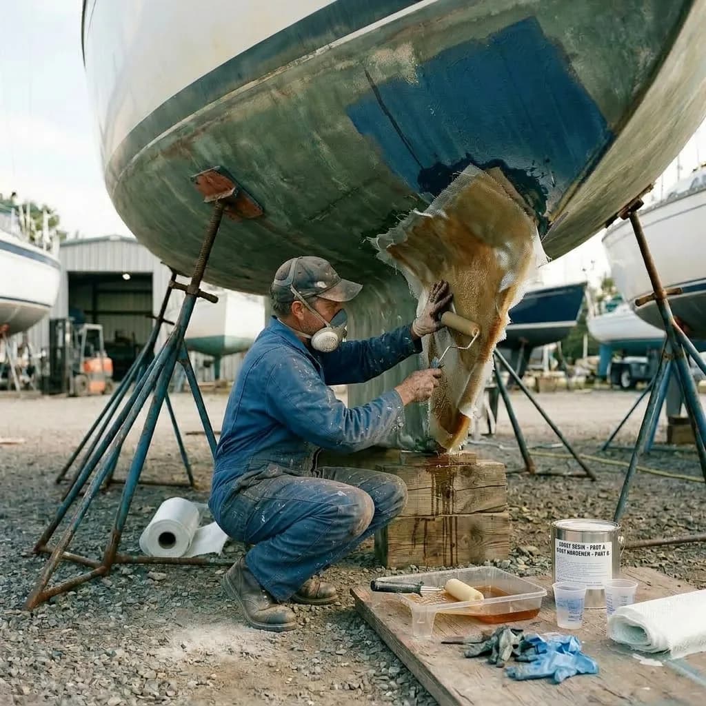 Worker wearing mask applying fiberglass resin to boat underside with roller