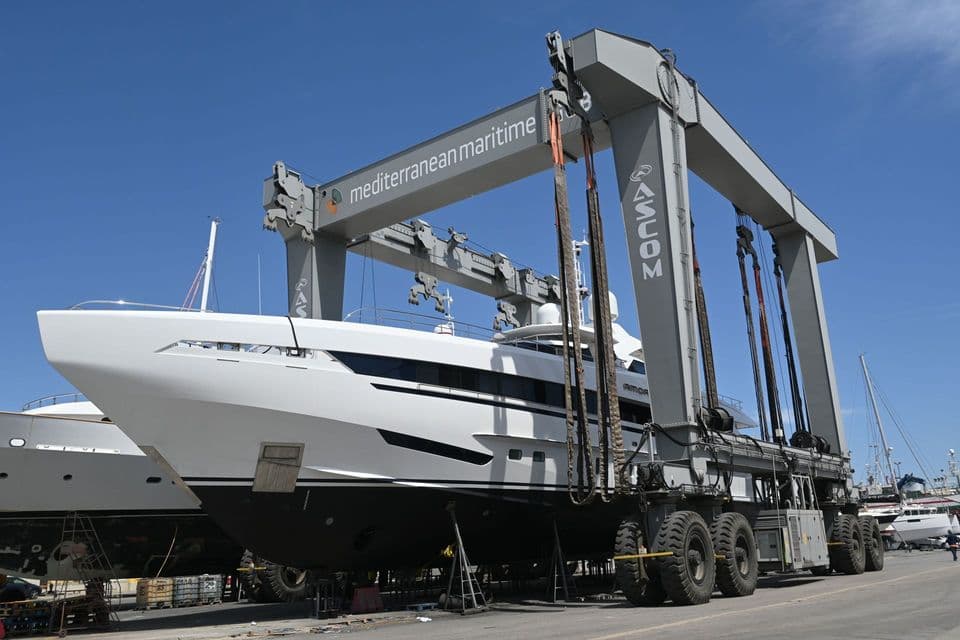 Superyacht lifted out on a travel lift for maintenance